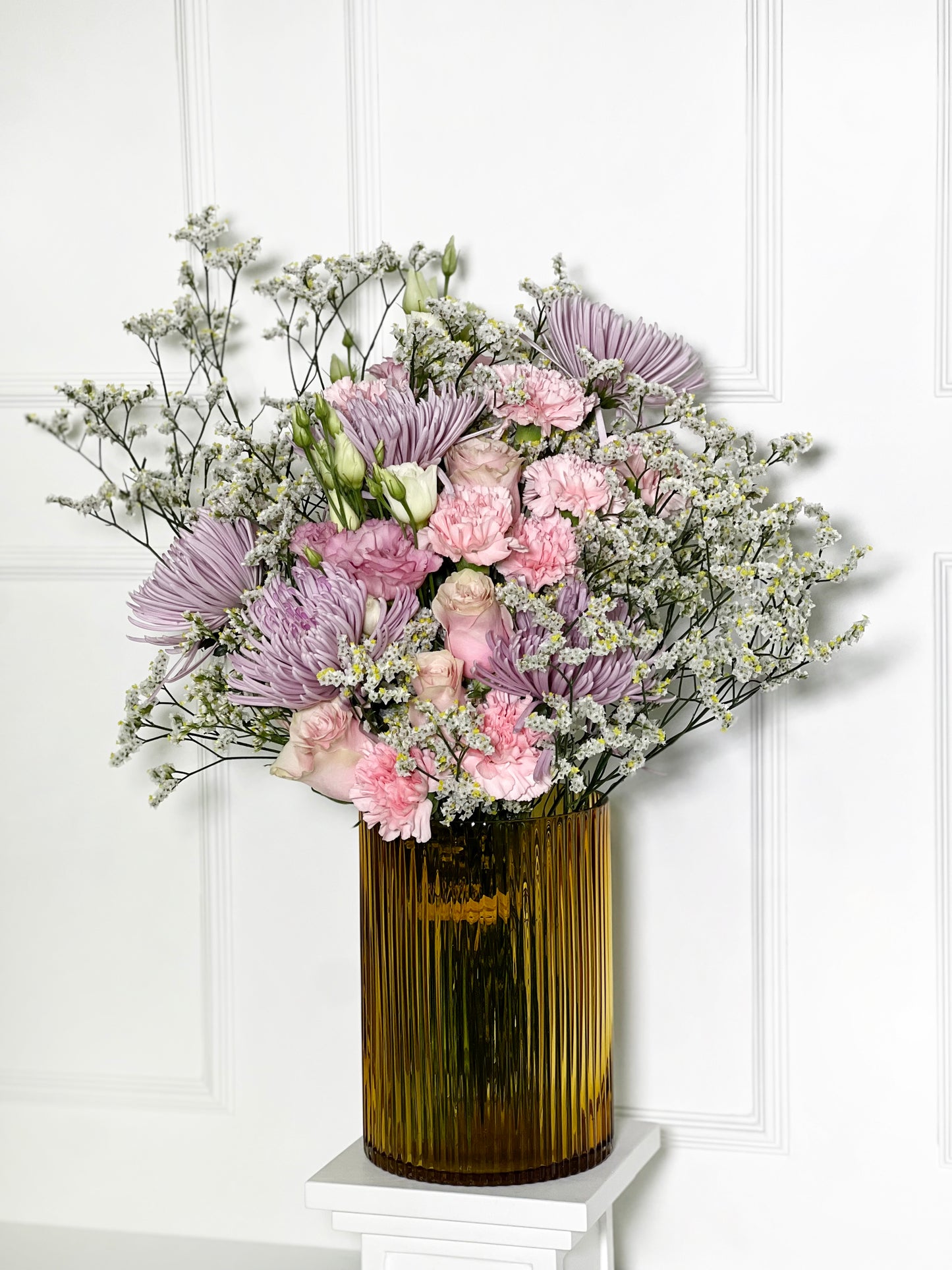 VASO DE CRISTAL AMBER CILINDRO TAMANHO L COM ARRANJO CAMPESTRE PINK