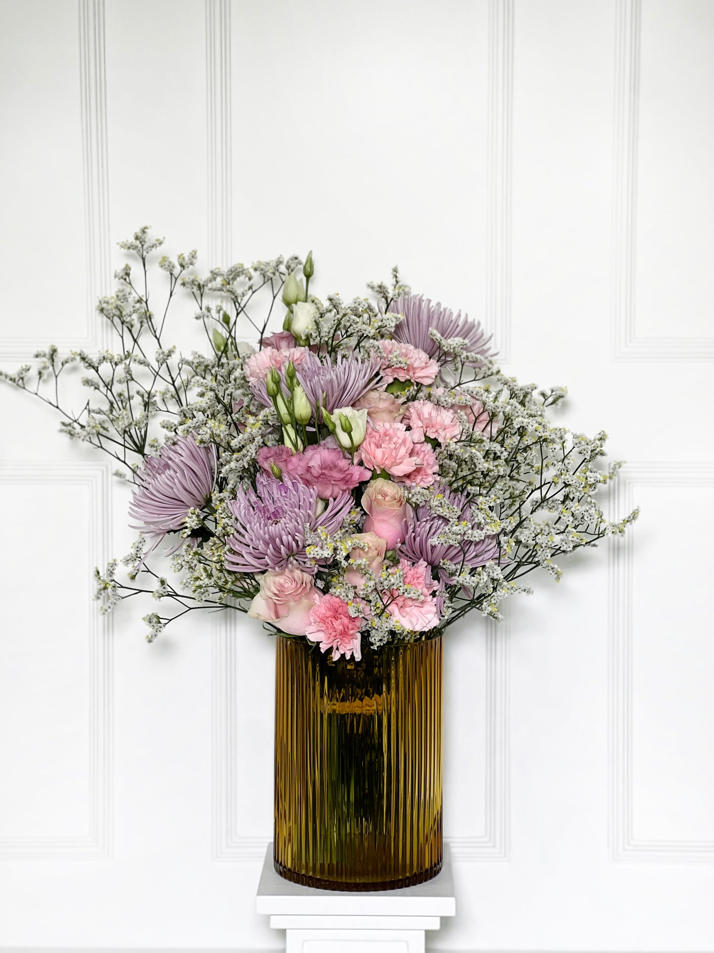 VASO DE CRISTAL AMBER CILINDRO TAMANHO L COM ARRANJO CAMPESTRE PINK