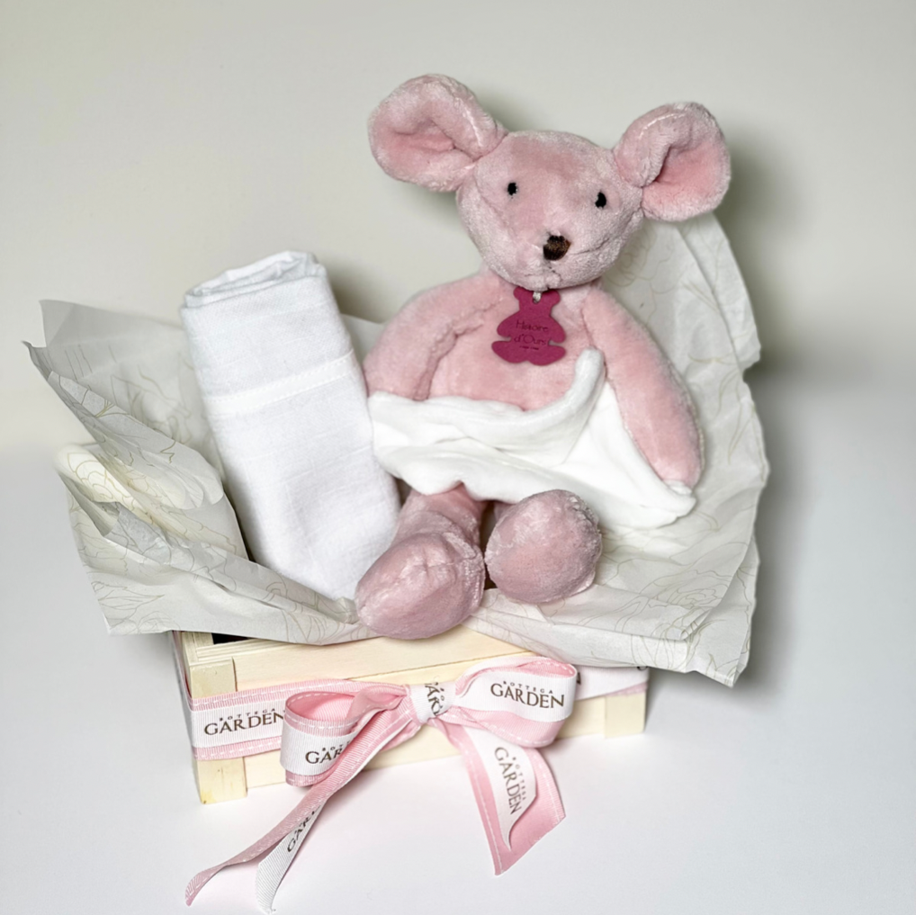 Caixa Com Ursinho de Pelúcia Rosa e Fraldinha Bordada