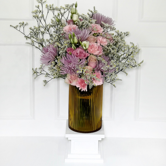 VASO DE CRISTAL AMBER CILINDRO TAMANHO L COM ARRANJO CAMPESTRE PINK