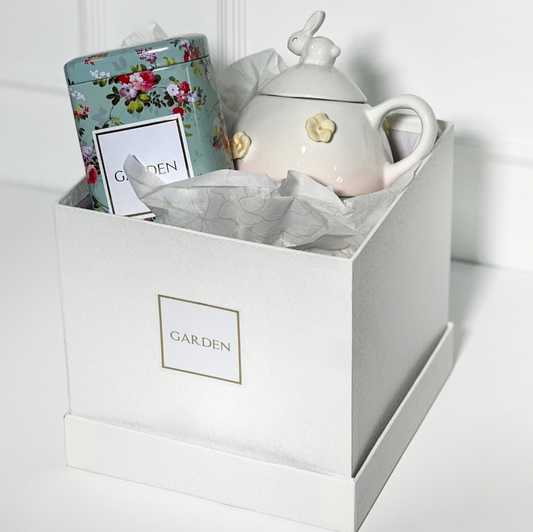 CONJUNTO BULE DUO COM POTE FLORAL DE BISCOITO NA BOX QUADRADA BRANCA