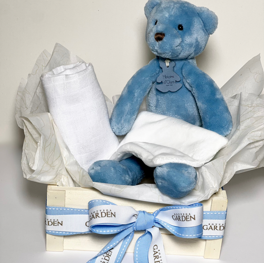 Caixa Com Ursinho de Pelúcia Azul e Fraldinha Bordada