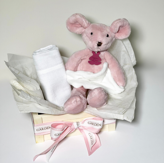 Caixa Com Ursinho de Pelúcia Rosa e Fraldinha Bordada
